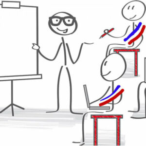 un homme montre quelque chose au tableau au deux personnes assises