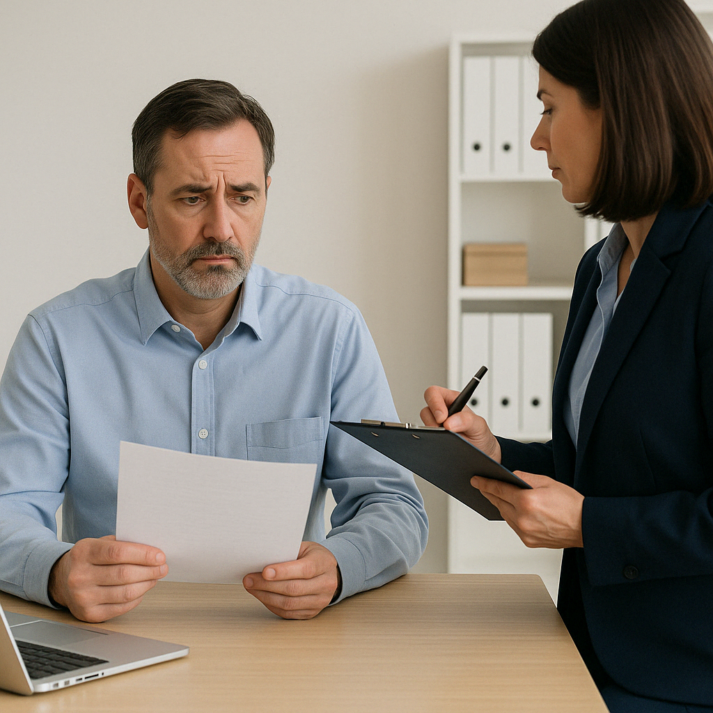 un homme assis tenant une feuille dans la main et une femme debout prenant des notes.