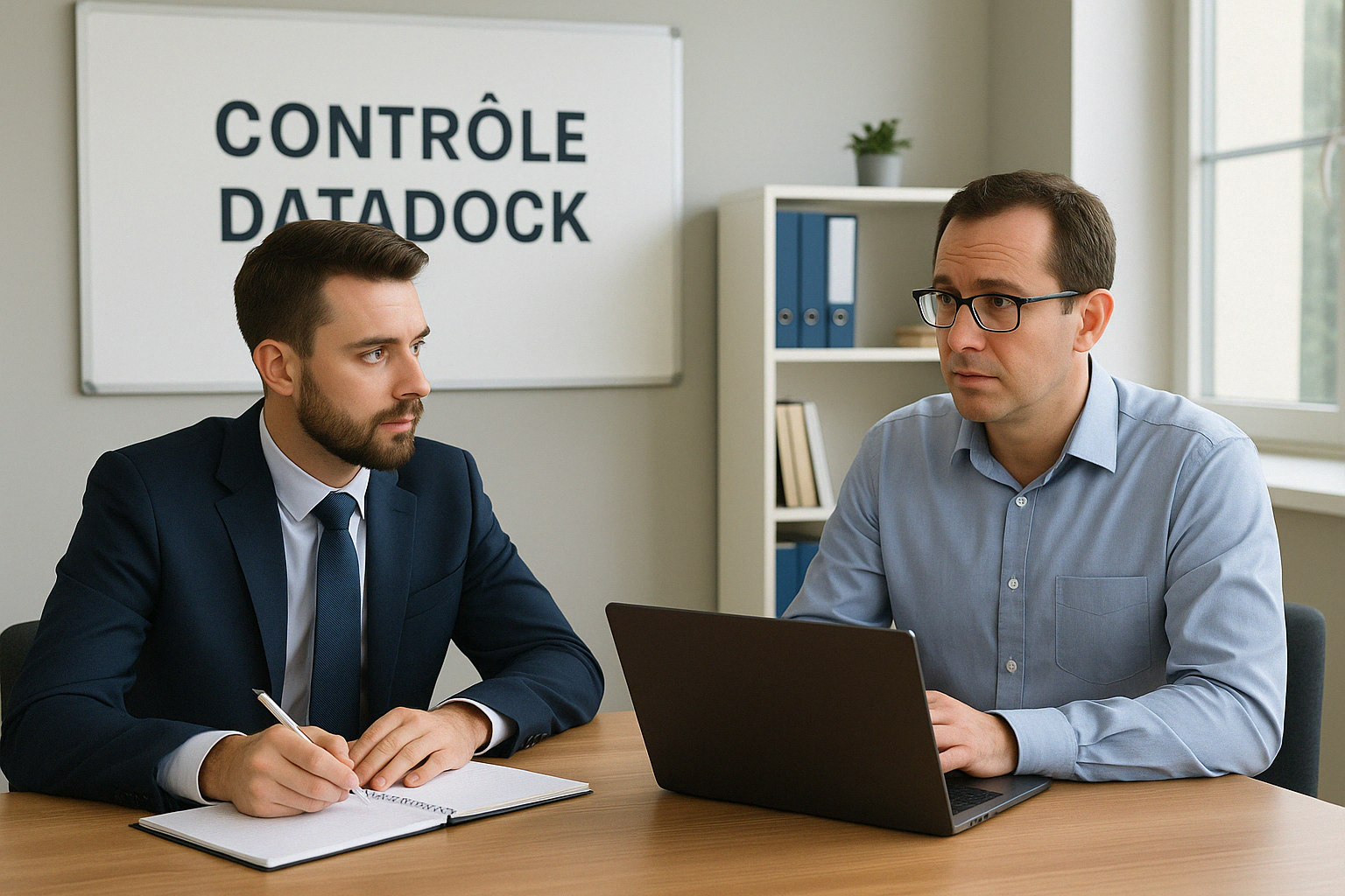 Un financeur en costume prend des notes pendant un contrôle qualité face à un représentant d’un organisme de formation assis avec un ordinateur portable. Une salle de réunion lumineuse, un tableau indiquant 